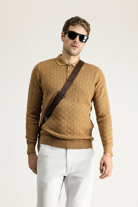 Camel Polo Collar Slim Fit Patterned Wool Knit Sweater