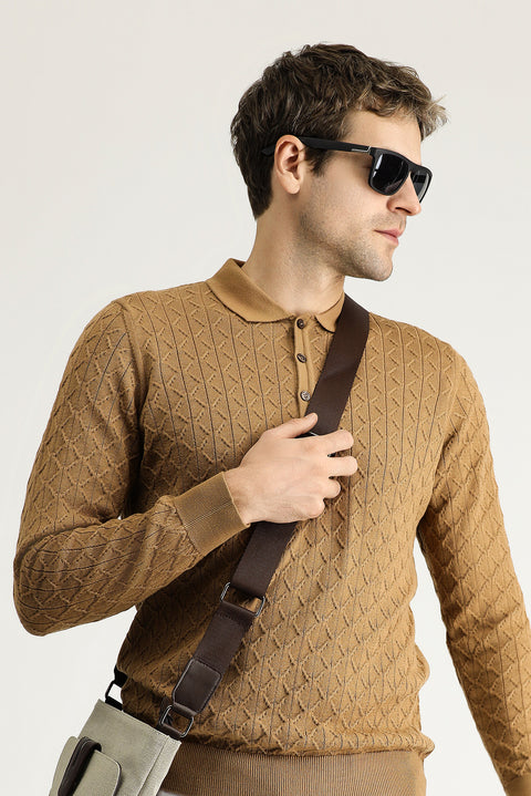 Camel Polo Collar Slim Fit Patterned Wool Knit Sweater