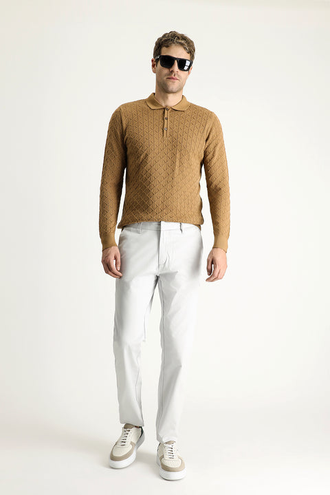 Camel Polo Collar Slim Fit Patterned Wool Knit Sweater