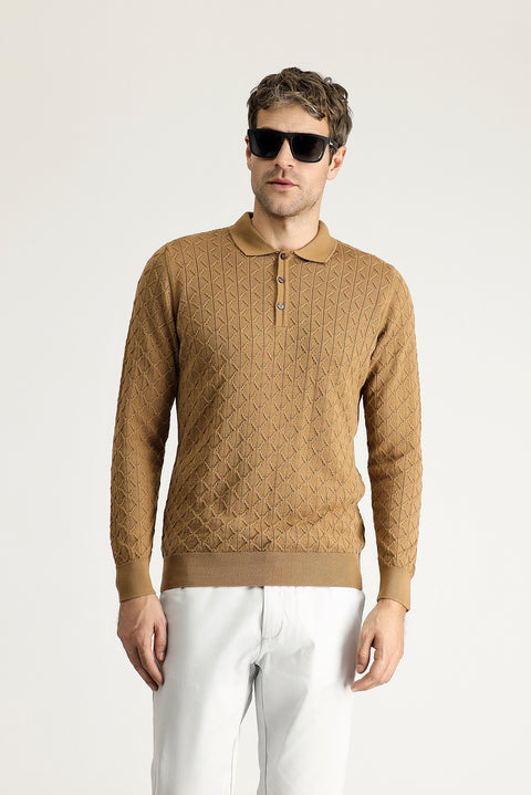 Camel Polo Collar Slim Fit Patterned Wool Knit Sweater
