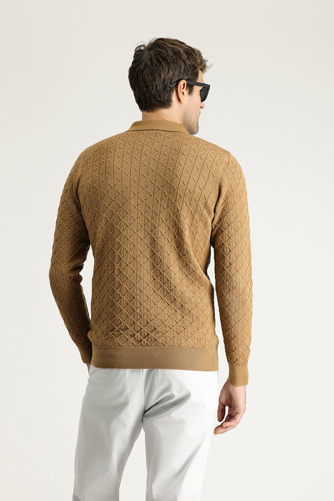 Camel Polo Collar Slim Fit Patterned Wool Knit Sweater