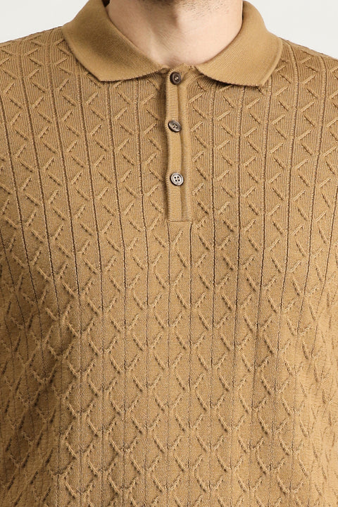 Camel Polo Collar Slim Fit Patterned Wool Knit Sweater