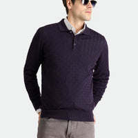 Dark Purple Polo Collar Slim Fit Patterned Wool Knit Sweater