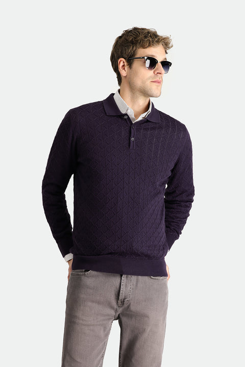 Dark Purple Polo Collar Slim Fit Patterned Wool Knit Sweater