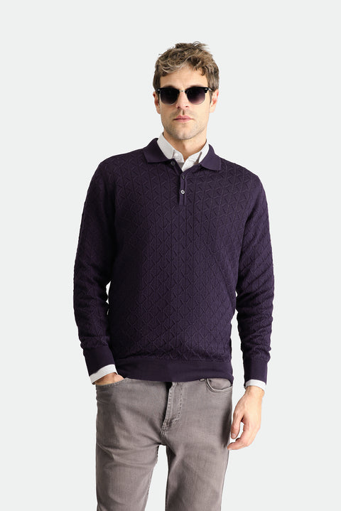 Dark Purple Polo Collar Slim Fit Patterned Wool Knit Sweater