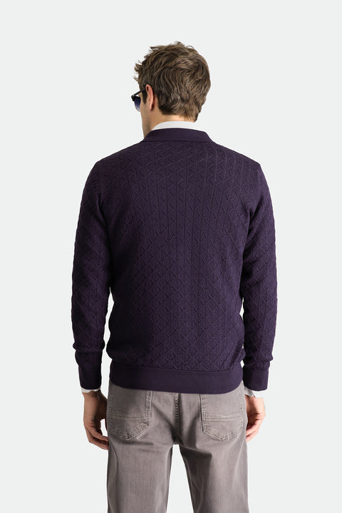 Dark Purple Polo Collar Slim Fit Patterned Wool Knit Sweater