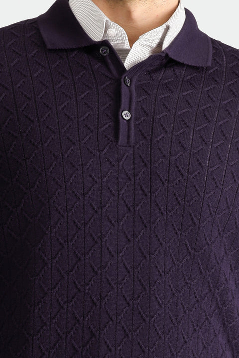 Dark Purple Polo Collar Slim Fit Patterned Wool Knit Sweater