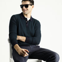 Dark Navy Polo Collar Slim Fit Patterned Knit Sweater