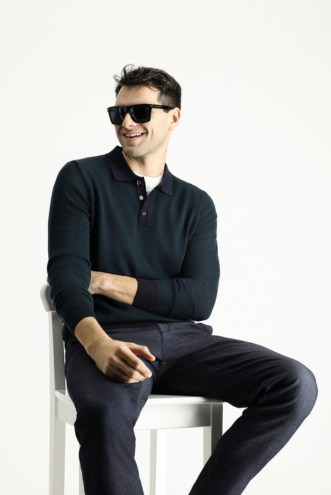 Dark Navy Polo Collar Slim Fit Patterned Knit Sweater