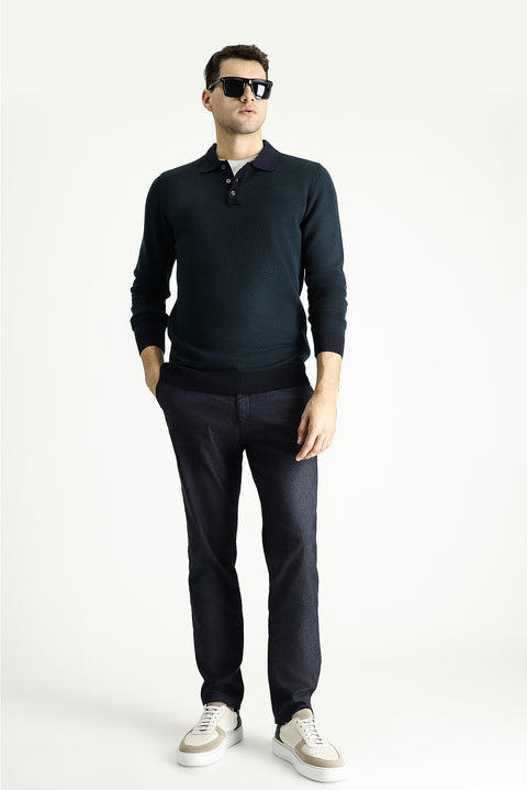 Dark Navy Polo Collar Slim Fit Patterned Knit Sweater