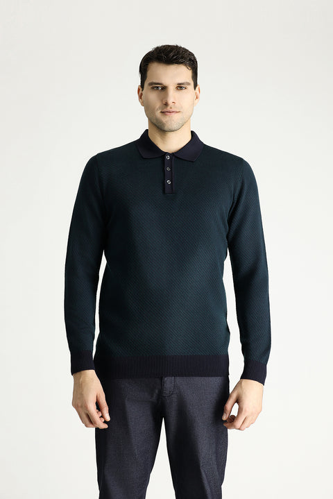 Dark Navy Polo Collar Slim Fit Patterned Knit Sweater