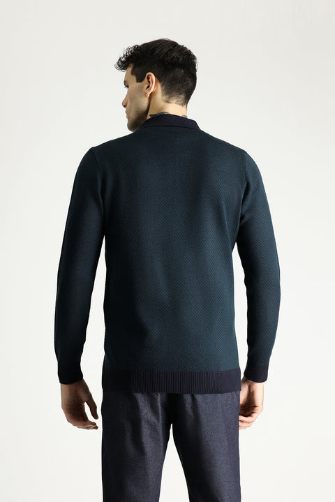 Dark Navy Polo Collar Slim Fit Patterned Knit Sweater