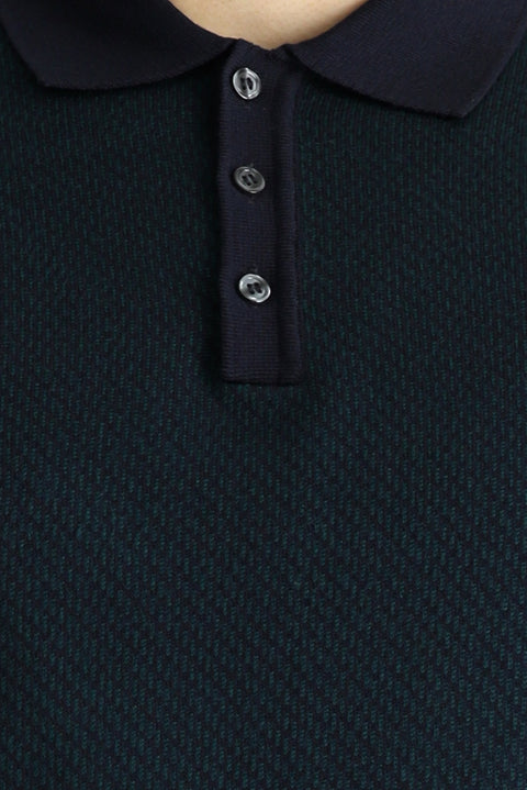 Dark Navy Polo Collar Slim Fit Patterned Knit Sweater