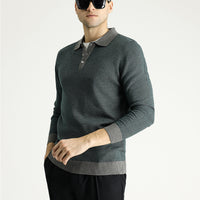Medium Grey Polo Collar Slim Fit Patterned Knit Sweater