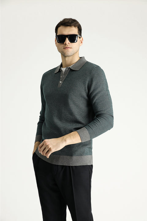 Medium Grey Polo Collar Slim Fit Patterned Knit Sweater