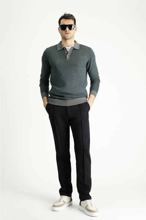 Medium Grey Polo Collar Slim Fit Patterned Knit Sweater