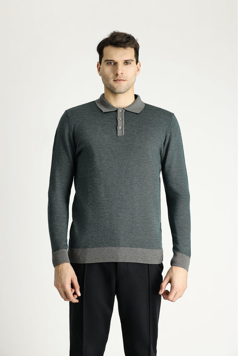 Medium Grey Polo Collar Slim Fit Patterned Knit Sweater