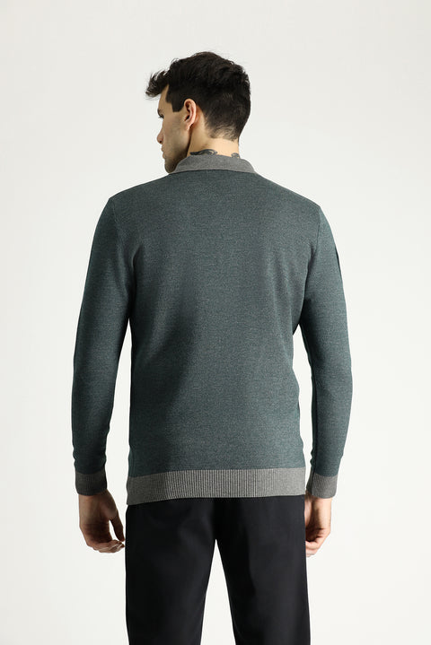 Medium Grey Polo Collar Slim Fit Patterned Knit Sweater