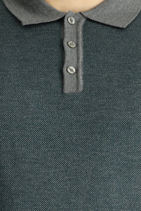 Medium Grey Polo Collar Slim Fit Patterned Knit Sweater
