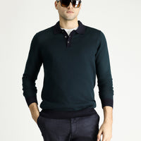 Dark Navy Polo Collar Slim Fit Patterned Knit Sweater