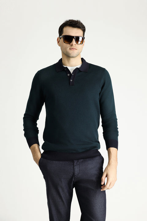 Dark Navy Polo Collar Slim Fit Patterned Knit Sweater