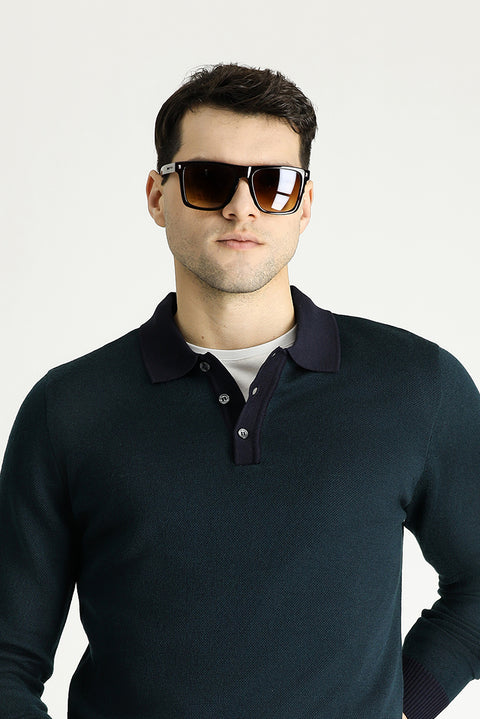 Dark Navy Polo Collar Slim Fit Patterned Knit Sweater