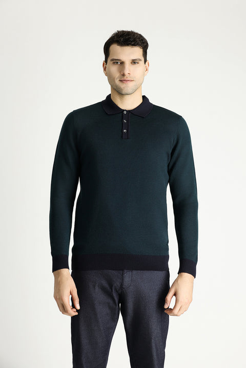Dark Navy Polo Collar Slim Fit Patterned Knit Sweater
