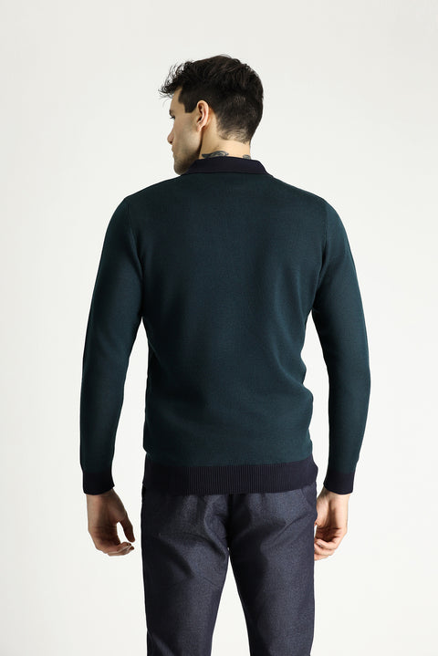 Dark Navy Polo Collar Slim Fit Patterned Knit Sweater