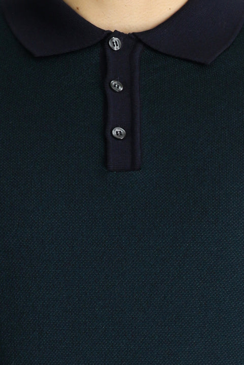 Dark Navy Polo Collar Slim Fit Patterned Knit Sweater