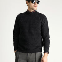 Dark Anthracite Semi-Turtleneck Slim Fit Narrow Cut Patterned Wool Cotton Knit Sweater