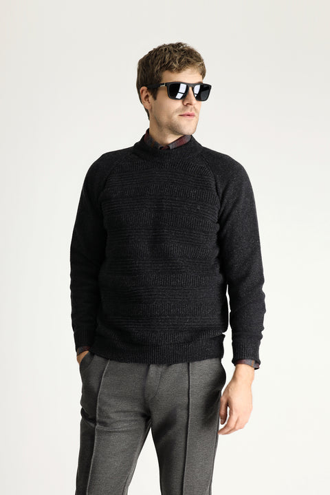 Dark Anthracite Semi-Turtleneck Slim Fit Narrow Cut Patterned Wool Cotton Knit Sweater
