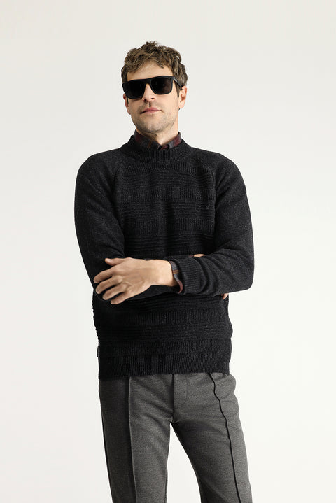 Dark Anthracite Semi-Turtleneck Slim Fit Narrow Cut Patterned Wool Cotton Knit Sweater
