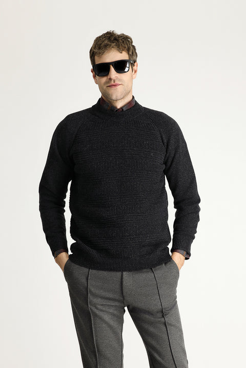 Dark Anthracite Semi-Turtleneck Slim Fit Narrow Cut Patterned Wool Cotton Knit Sweater