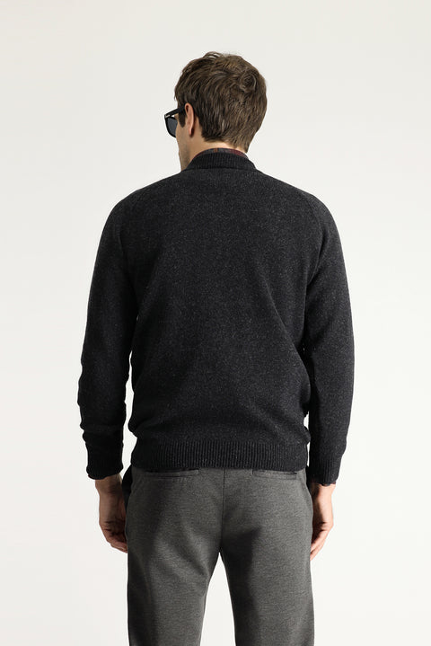 Dark Anthracite Semi-Turtleneck Slim Fit Narrow Cut Patterned Wool Cotton Knit Sweater
