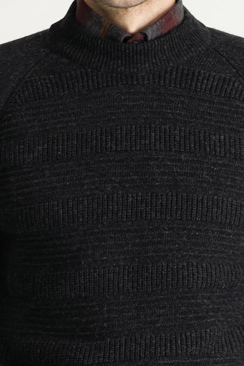 Dark Anthracite Semi-Turtleneck Slim Fit Narrow Cut Patterned Wool Cotton Knit Sweater
