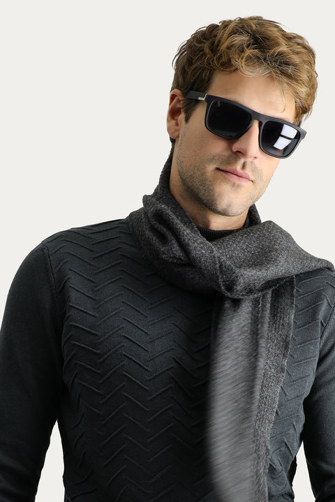 Dark Anthracite Melange Semi-Turtleneck Slim Fit Narrow Cut Patterned Cotton Knit Sweater