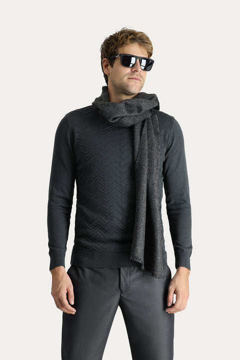Dark Anthracite Melange Semi-Turtleneck Slim Fit Narrow Cut Patterned Cotton Knit Sweater