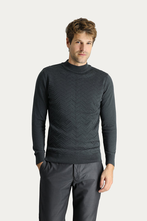Dark Anthracite Melange Semi-Turtleneck Slim Fit Narrow Cut Patterned Cotton Knit Sweater