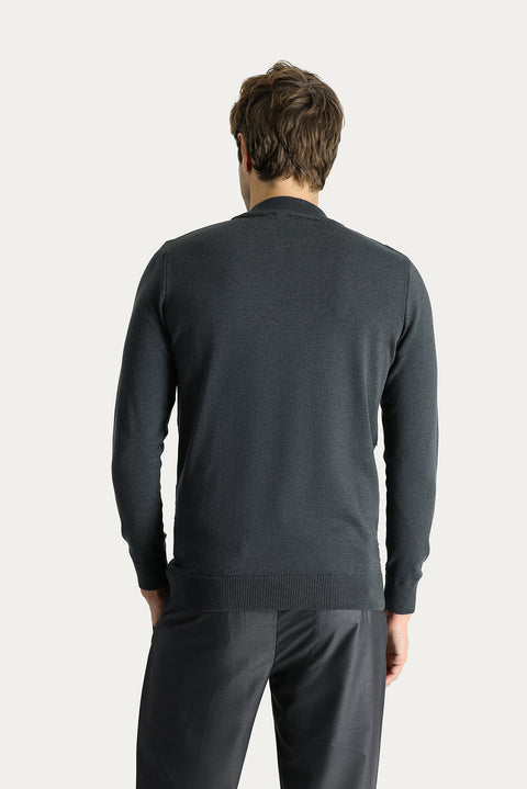Dark Anthracite Melange Semi-Turtleneck Slim Fit Narrow Cut Patterned Cotton Knit Sweater