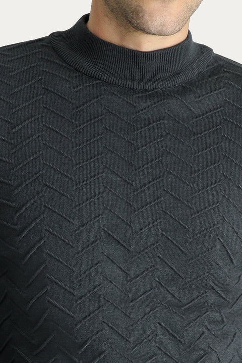 Dark Anthracite Melange Semi-Turtleneck Slim Fit Narrow Cut Patterned Cotton Knit Sweater