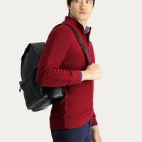 Dark Red Semi-Turtleneck Regular Fit Zip-Up Cotton Knit Sweater