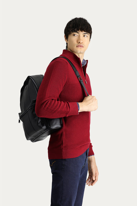 Dark Red Semi-Turtleneck Regular Fit Zip-Up Cotton Knit Sweater