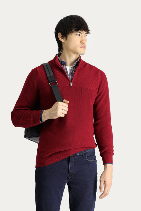 Dark Red Semi-Turtleneck Regular Fit Zip-Up Cotton Knit Sweater