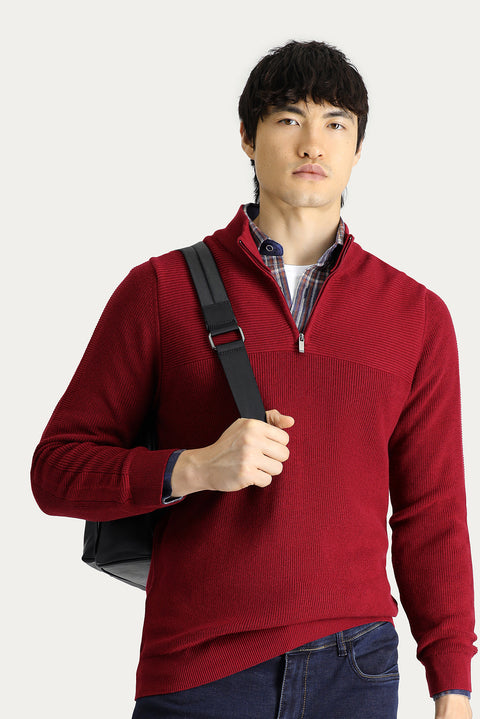 Dark Red Semi-Turtleneck Regular Fit Zip-Up Cotton Knit Sweater