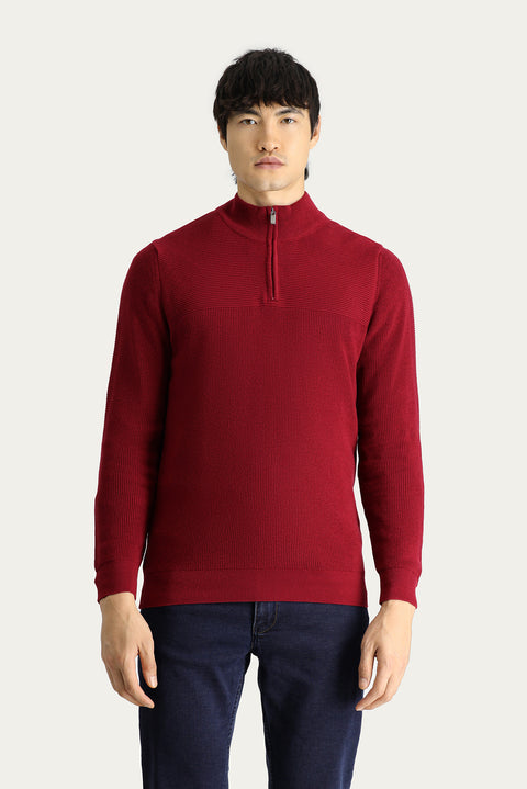 Dark Red Semi-Turtleneck Regular Fit Zip-Up Cotton Knit Sweater