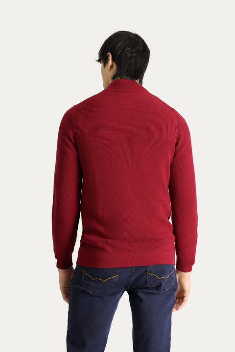Dark Red Semi-Turtleneck Regular Fit Zip-Up Cotton Knit Sweater