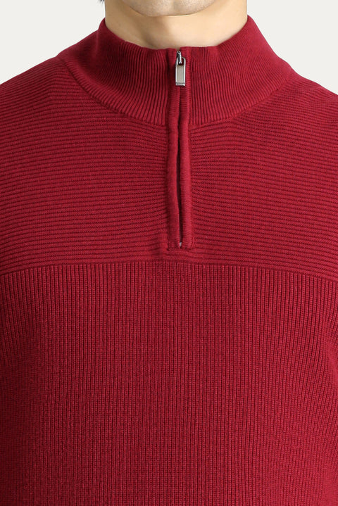 Dark Red Semi-Turtleneck Regular Fit Zip-Up Cotton Knit Sweater