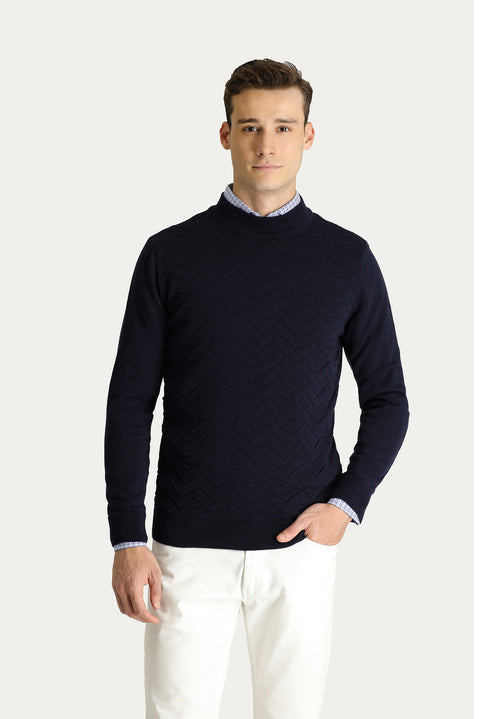 Dark Navy Semi-Turtleneck Regular Fit Patterned Cotton Knit Sweater