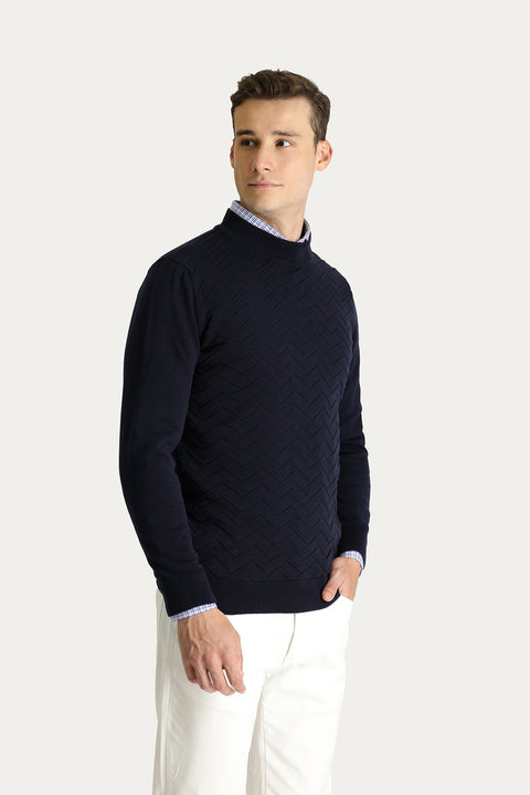 Dark Navy Semi-Turtleneck Regular Fit Patterned Cotton Knit Sweater