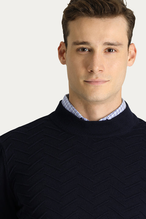 Dark Navy Semi-Turtleneck Regular Fit Patterned Cotton Knit Sweater